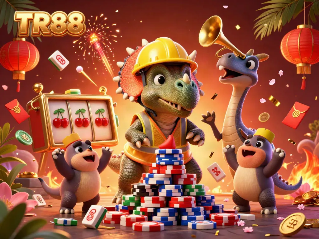 Celebrate casino wins with TR88's dynamic 3D scene featuring a triceratops, poker chips, and vibrant game elements.