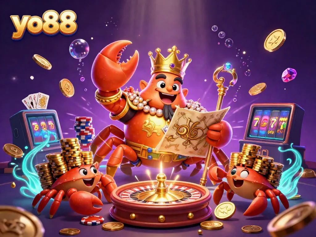 Experience exciting gameplay at yo88 with a vibrant underwater casino scene featuring a golden crab emperor and gems.