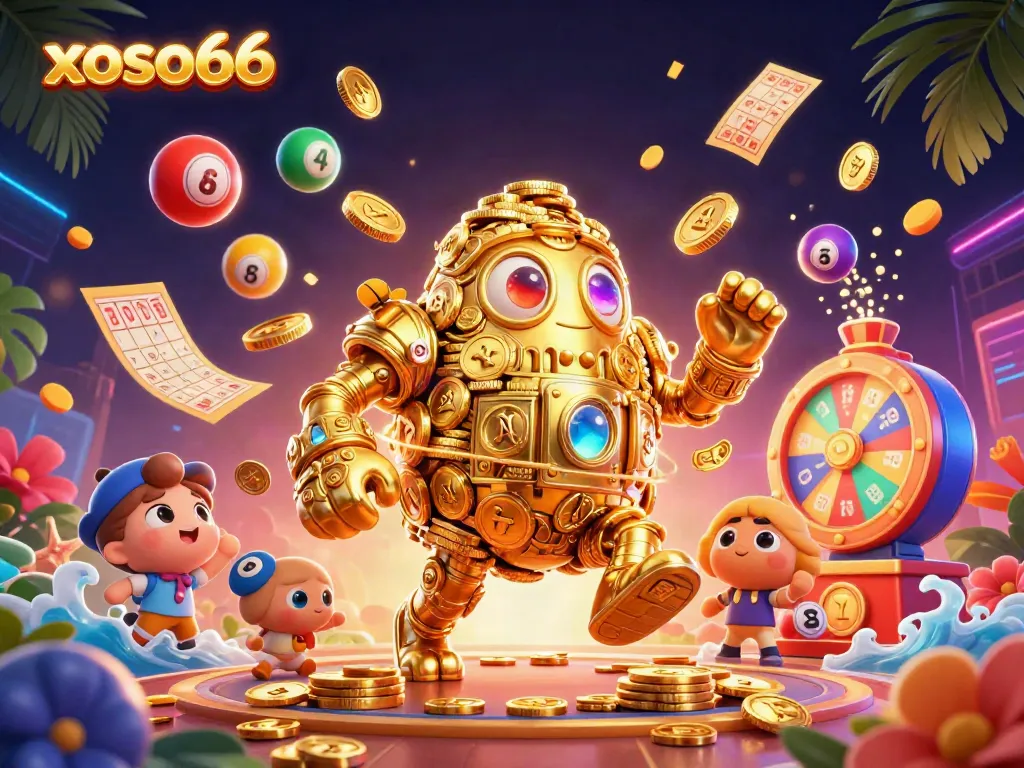 Engage with the vibrant xoso66 lottery scene featuring dynamic, colorful elements and a golden golem.