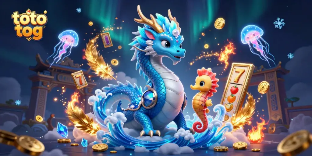 Spin to win with toto tog under a vibrant 3D dragon and seahorse knight in a casino scene.
