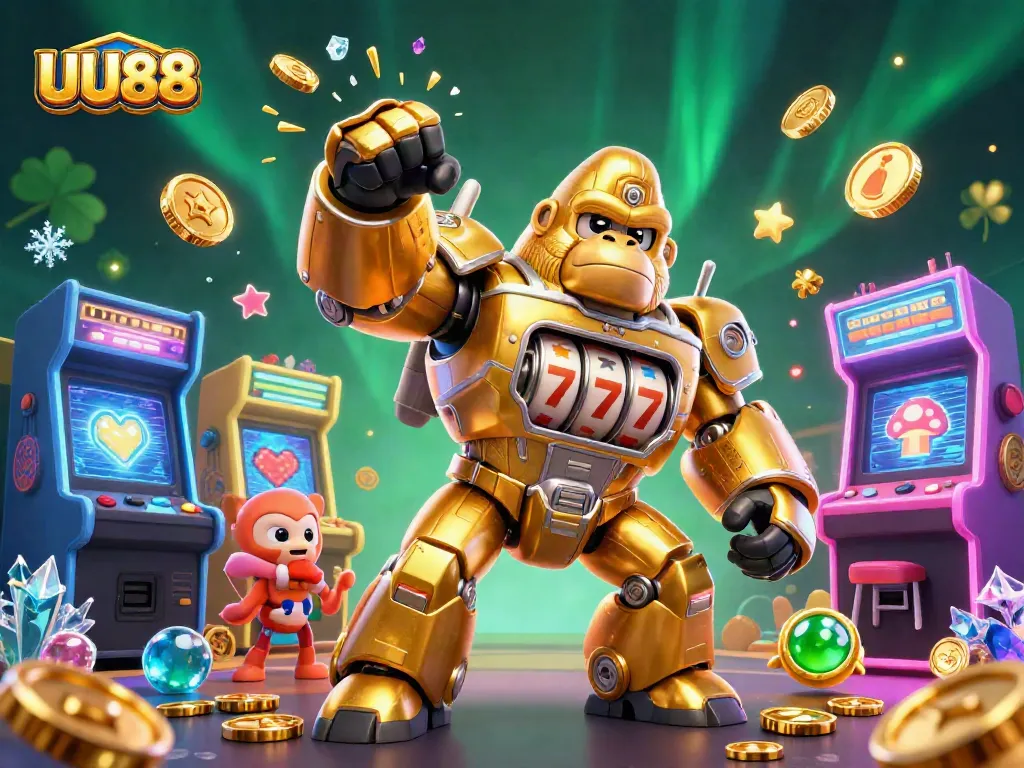 UU88 showcases high-stakes gaming with a vibrant mech and arcade elements, illustrating jackpot excitement.