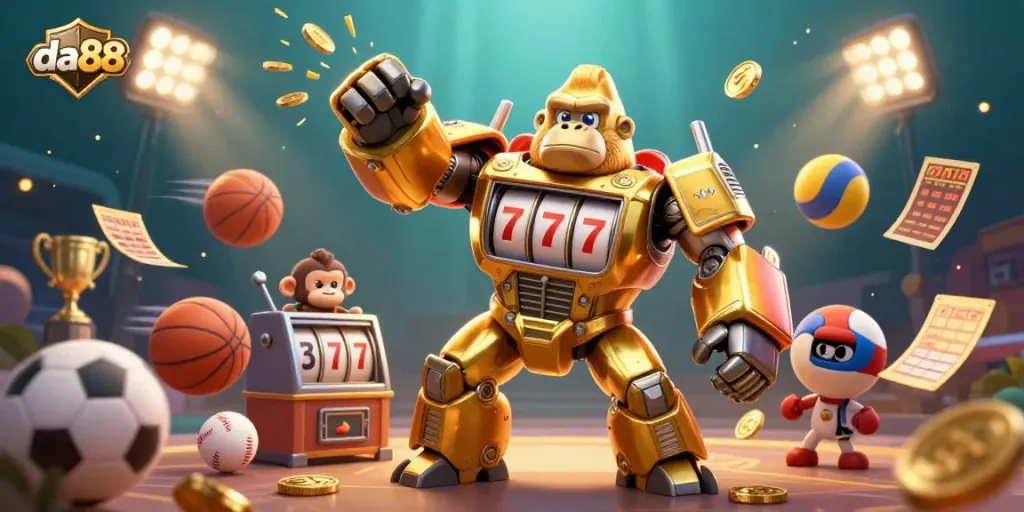 Experience the excitement of da88 with a golden gorilla mech celebrating big wins in a dazzling casino scene.