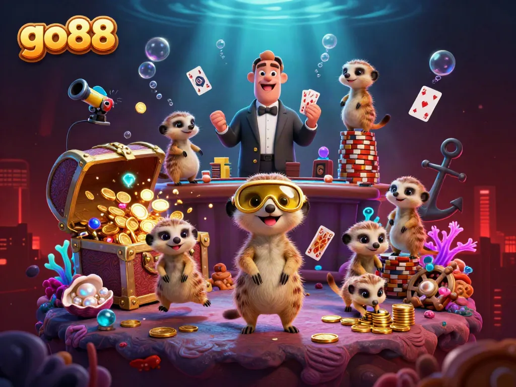 Experience the excitement of go88 with meerkats running a vibrant casino in this captivating underwater scene.