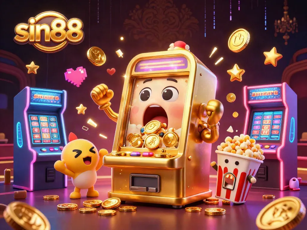 Experience the excitement of sin88 as a golden slot machine hits the jackpot, surrounded by cheering machines and vibrant game elements.