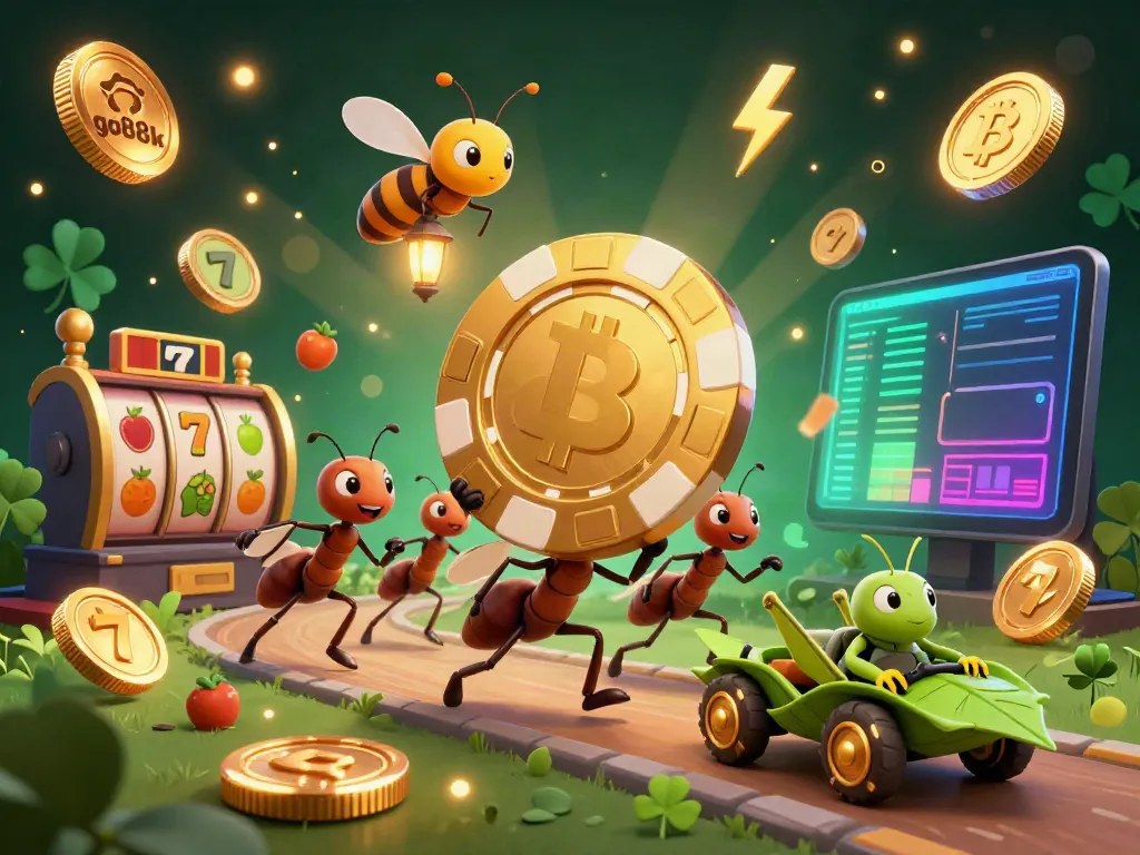 Experience thrilling gameplay with go88k as ants heist a giant poker chip amidst vibrant casino elements.