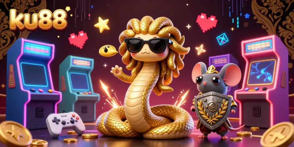 Engage with ku88's thrilling 3D casino world showcasing Medusa and a warrior mouse amidst vibrant game elements.
