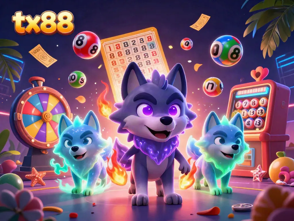 Engage with the vibrant tx88 casino experience in a dynamic 3D illustration filled with energy and lottery elements.